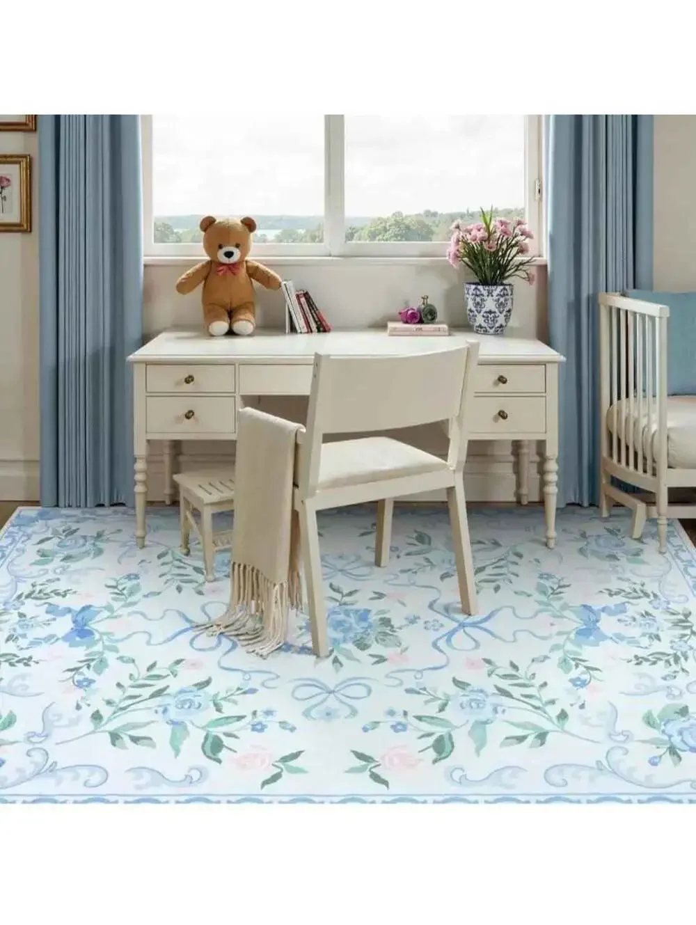 Blue pink roses Floral Rug 5x7 for Girls Bedroom or Nursery, Cute Bow Washable